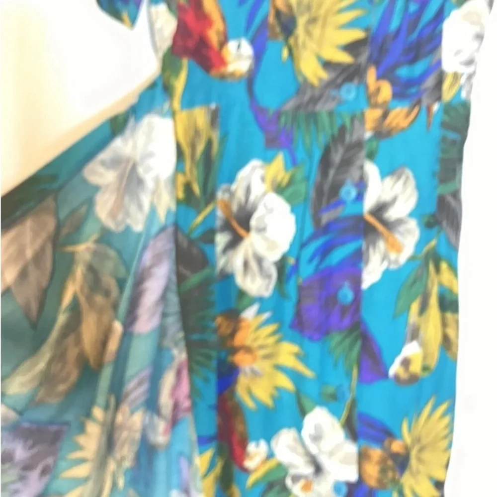VNTG Tropical Floral Teal Wrap Midi Dress Colorful Hawaiian Parrot USA‎